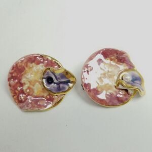 Vintage Colorful Funky Ceramic Clip On Earrings, Pink Orange Purple Glaze Estate